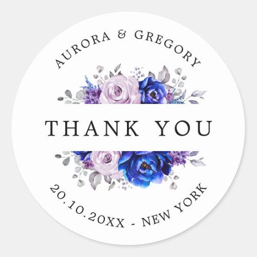 Royal Blue Lilac Purple Floral Wedding Thank You Classic Round Sticker