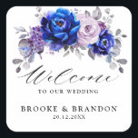Royal Blue Lilac Purple Floral Wedding Welcome Square Sticker<br><div class="desc">Elegant royal blue lilac lavender floral theme wedding welcome sticker featuring elegant bouquet of royal blue,  Navy,  silver,  lilac color rose flowers buds and sage green eucalyptus leaves. Please contact me for any help in customization or if you need any other product with this design.</div>