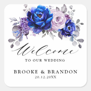 Royal Blue Lilac Purple Floral Wedding Welcome Square Sticker