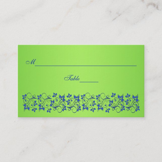 Royal Blue, Lime Green Floral Place Card (Front)
