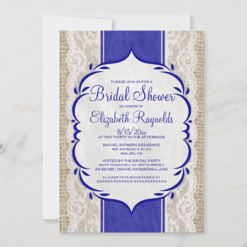 Royal Blue Linen Burlap Lace Bridal Shower Invites