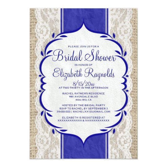 Royal Blue Linen Burlap Lace Bridal Shower Invites Zazzle Royal Blue Linen Burlap Lace Bridal Shower Invites