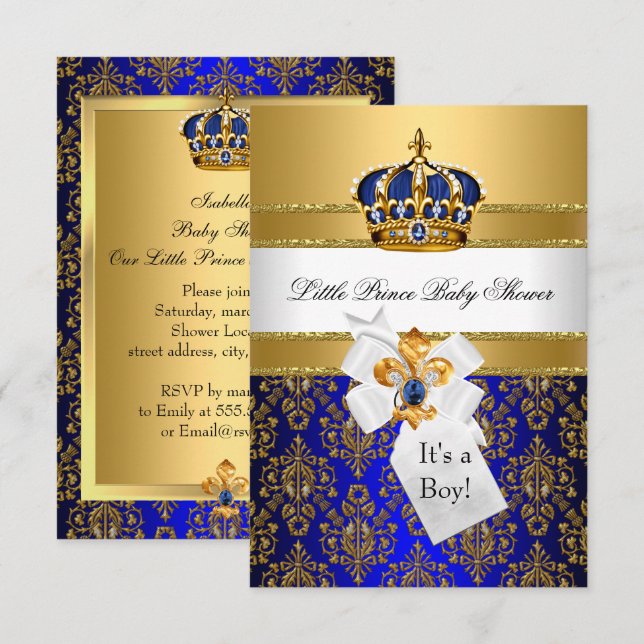 Royal Blue Little Prince Crown Baby Shower Invite (Front/Back)