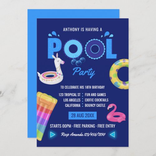 Royal Blue Llama Flamingo Pool Birthday Party Invitation