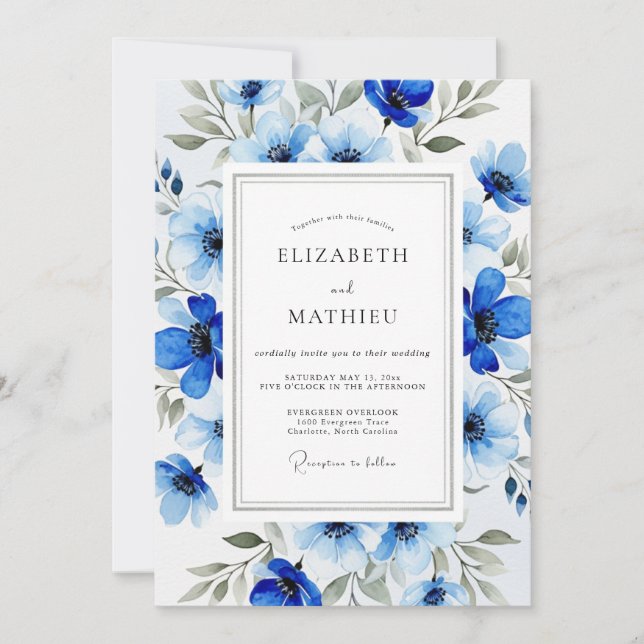 Royal Blue Lush Botanical Wedding Invitation (Front)