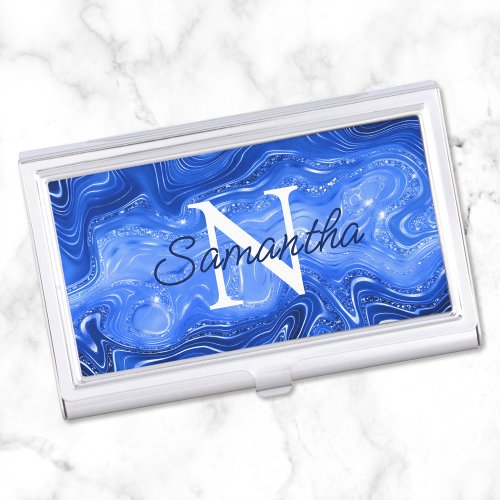 Royal Blue Luxury Agate Glam Monogram Business Card Case