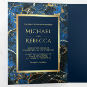 Royal Blue Marble Faux Gold Foil Photo Wedding Tri-Fold Invitation (Inside First)