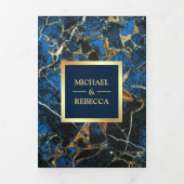 Royal Blue Marble Faux Gold Foil Photo Wedding Tri-Fold Invitation (Cover)