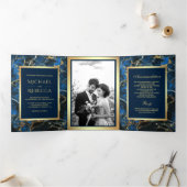 Royal Blue Marble Faux Gold Foil Photo Wedding Tri-Fold Invitation (Inside)