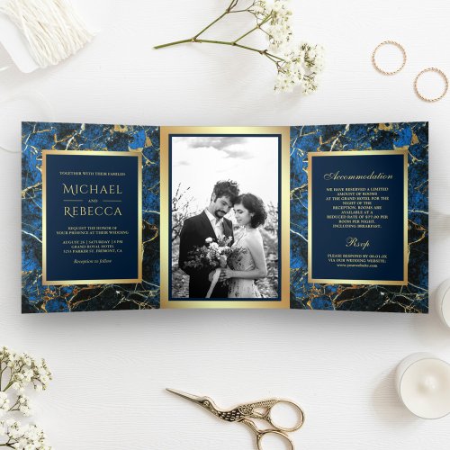 Royal Blue Marble Faux Gold Foil Photo Wedding Tri_Fold Invitation