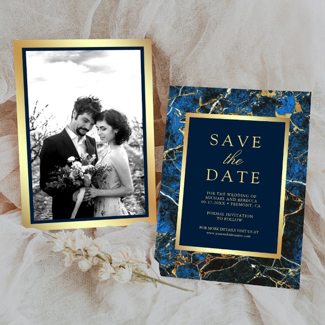 Royal Blue Marble Gold Photo Wedding Save The Date (Creator Uploaded)