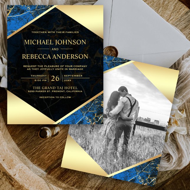 Royal Blue Marble Photo Budget Wedding Invitation (Creator Uploaded)
