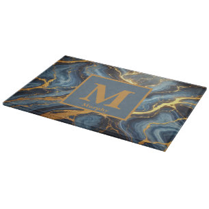 Royal Blue Marble with Golden Veins Monogram Cutting Board