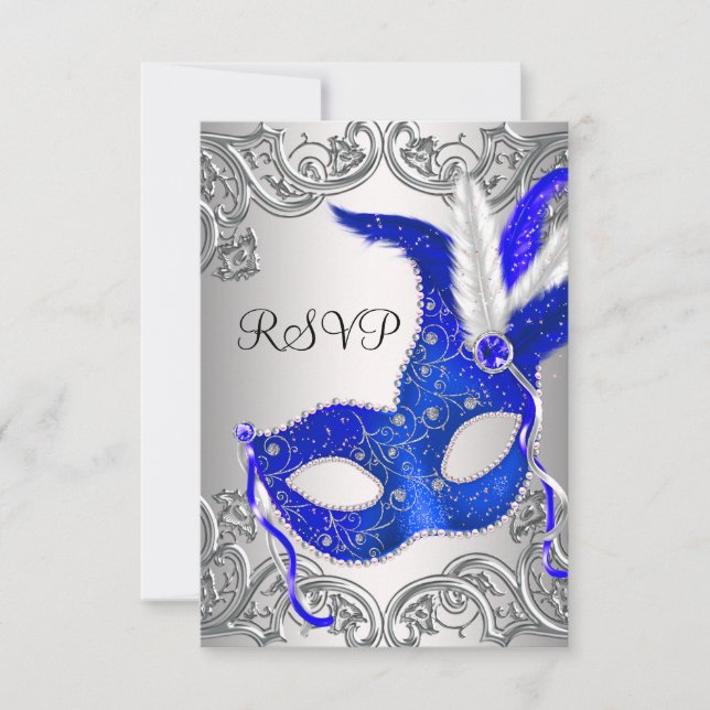 Royal Blue Mask Masquerade Party RSVP (Front)