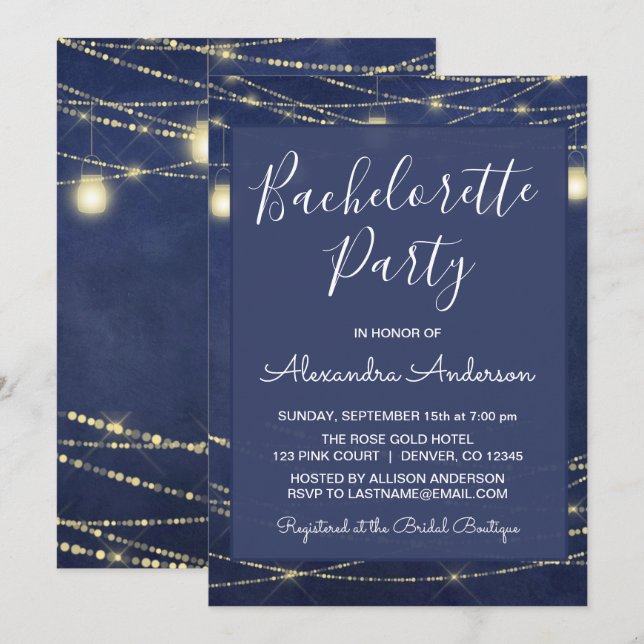 Royal Blue Mason Jars Bachelorette Night Out Party Invitation (Front/Back)