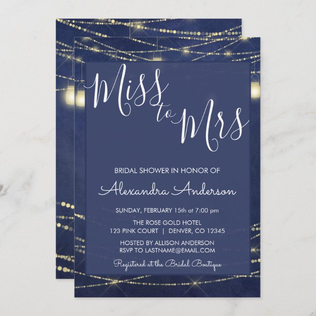 Royal Blue Mason Jars Miss to Mrs Bridal Shower Invitation (Front/Back)