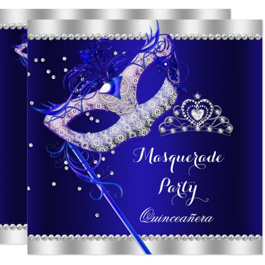 Royal Blue Masquerade Quinceanera Party Mask Gems Invitation