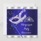 Royal Blue Masquerade Quinceanera Party Mask Gems Invitation (Front)