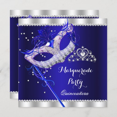 Royal Blue Masquerade Quinceanera Party Mask Gems Invitation