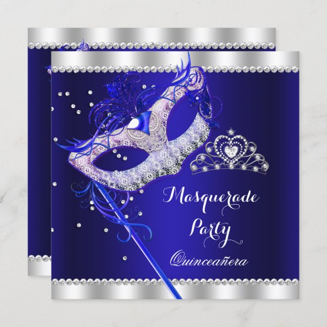 Royal Blue Masquerade Quinceanera Party Mask Gems Invitation (Front/Back)