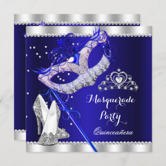 Royal Blue Masquerade Quinceanera Party Mask Heels Invitation
