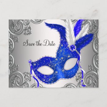 Royal Blue Masquerade Save The Date Announcement Postcard by Pure_Elegance at Zazzle
