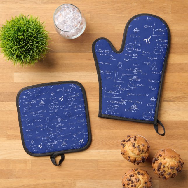 Royal Blue Math Formulas Equations Pattern Oven Mitt & Pot Holder Set (Top Down)