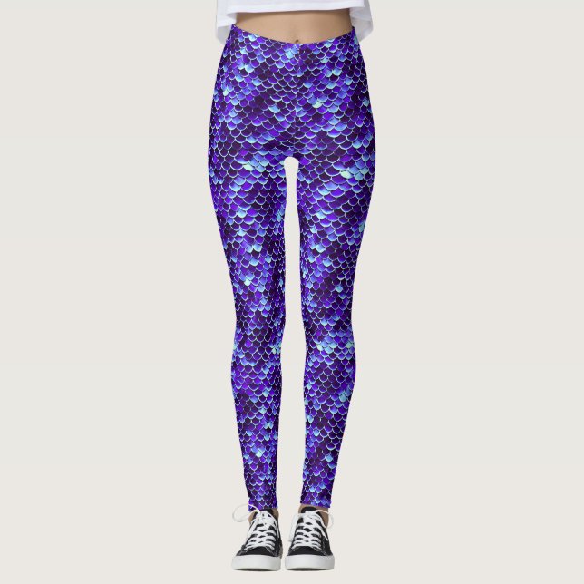 Royal Blue Mermaid Scale Fish Leggings Yoga Pants (Front)