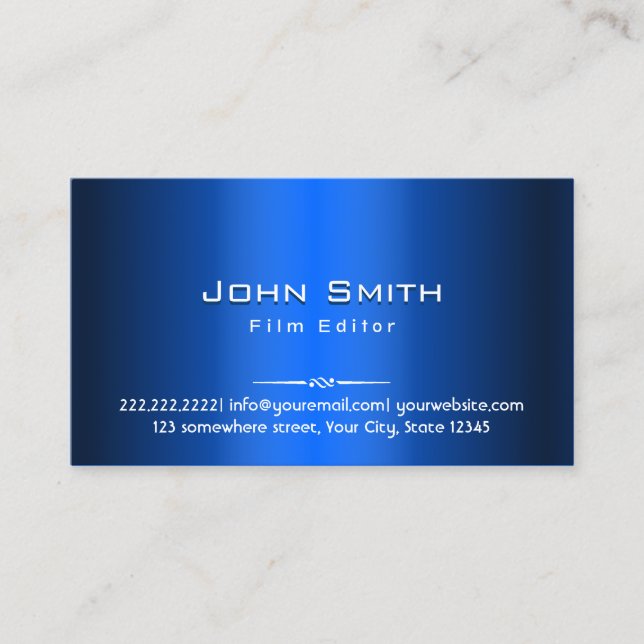Royal Blue Metal Film Editor Business Card (Front)