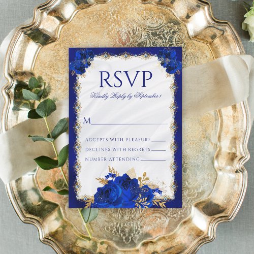 Royal Blue Metallic Elegant Floral Wedding RSVP Card