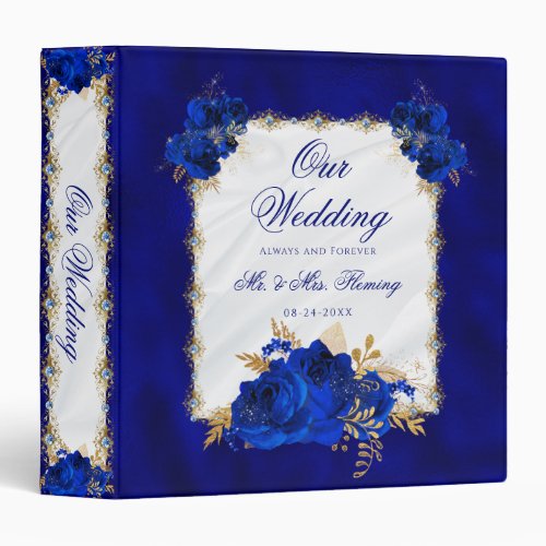 Royal Blue Metallic White Satin Floral Wedding 3 Ring Binder