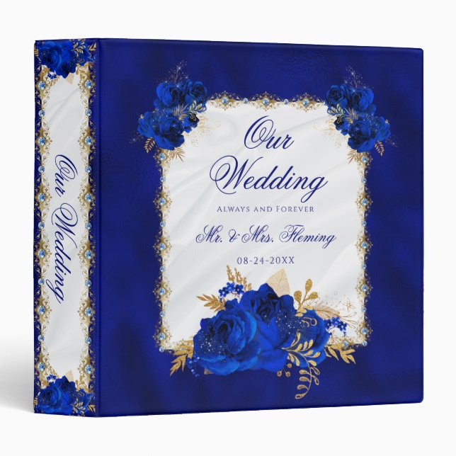 Royal Blue Metallic White Satin Floral Wedding 3 Ring Binder (Front/Spine)
