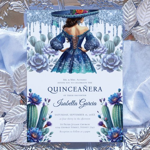 Royal Blue Mexican Style Quinceaera Invitation