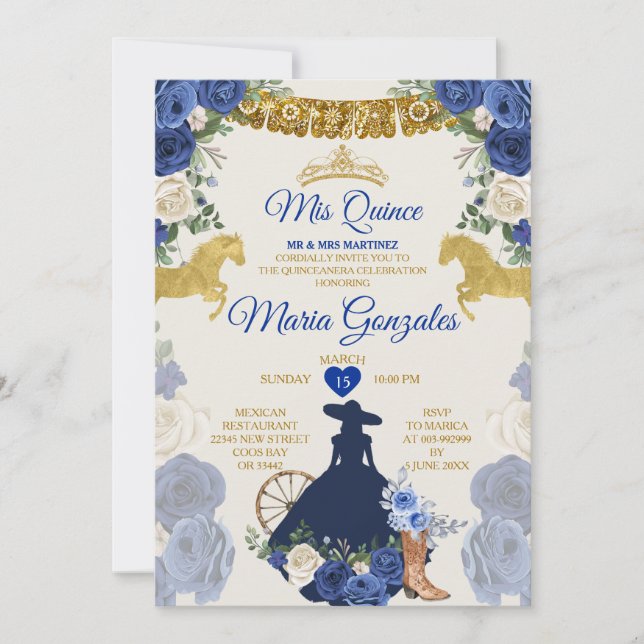 Royal Blue Mis Quince 15 Anos Gold Crown Invitation (Front)