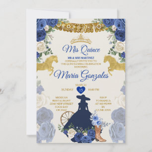 Royal Blue Mis Quince 15 Anos Gold Crown Invitation