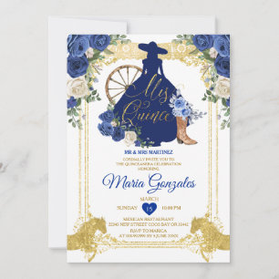 Royal Blue Mis Quince 15 Anos Gold Glitter Invitation