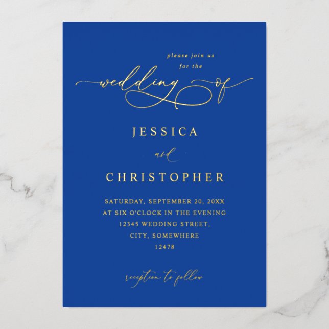 Royal Blue Modern Calligraphy 3 Wedding Foil Invitation (Front)