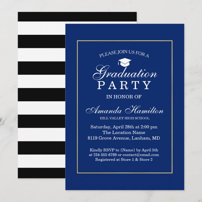 Royal blue Modern Classic gold Frame Graduation Invitation (Front/Back)
