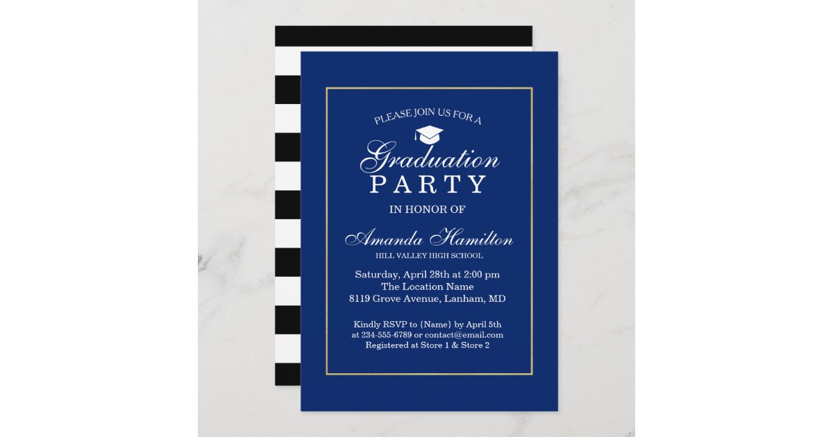 Royal blue Modern Classic gold Frame Graduation Invitation | Zazzle