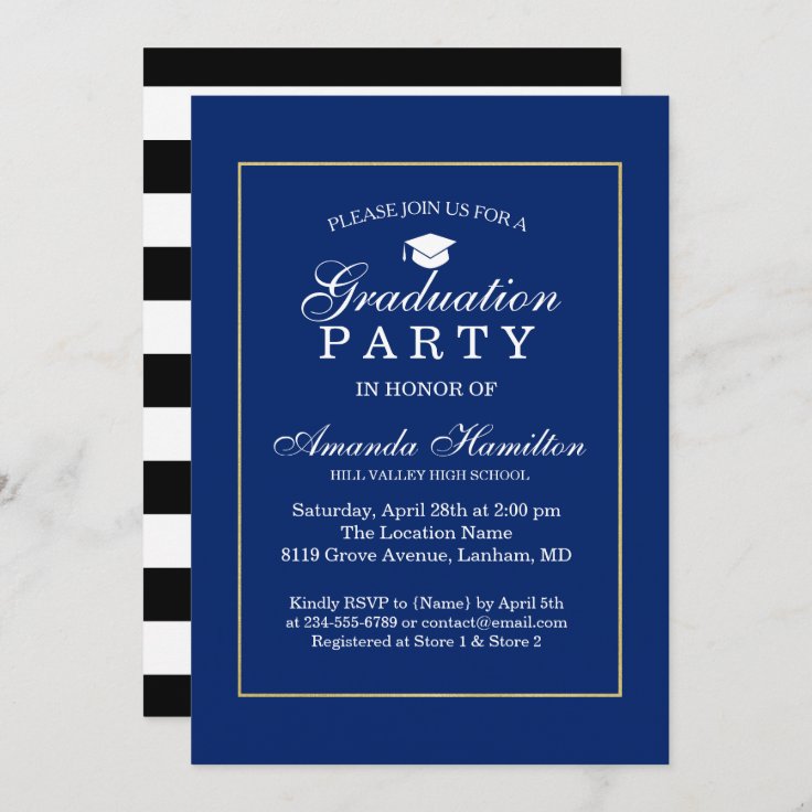 Royal blue Modern Classic gold Frame Graduation Invitation | Zazzle
