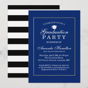 Royal blue Modern Classic gold Frame Graduation Invitation