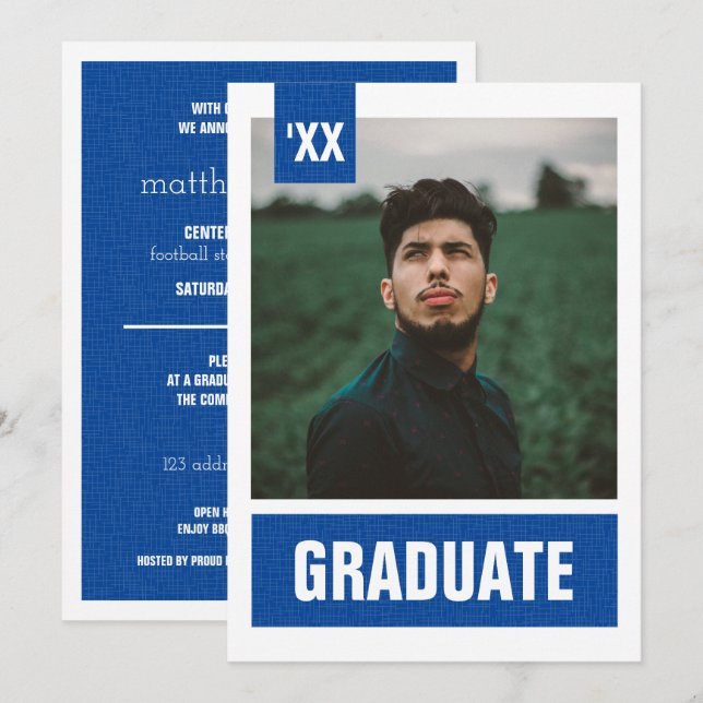 Royal Blue Modern Textured Photo Graduation Invitation (Front/Back)