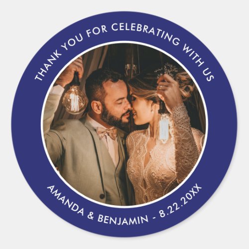 Royal Blue Modern Thank You Photo Wedding Favor Classic Round Sticker