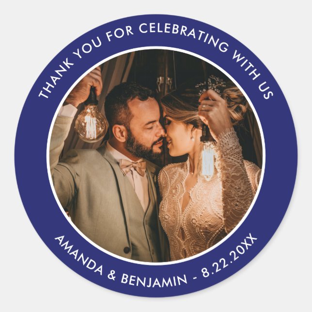 Royal Blue Modern Thank You Photo Wedding Favor Classic Round Sticker (Front)