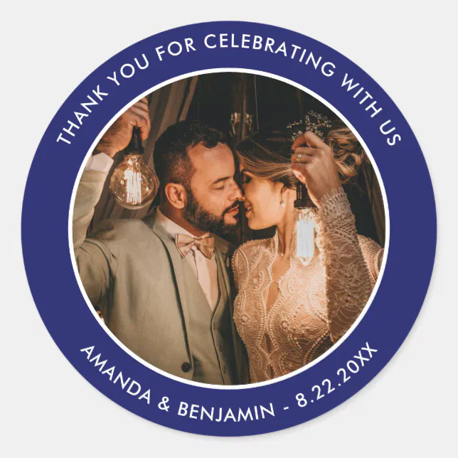 Royal Blue Modern Thank You Photo Wedding Favor Classic Round Sticker ...