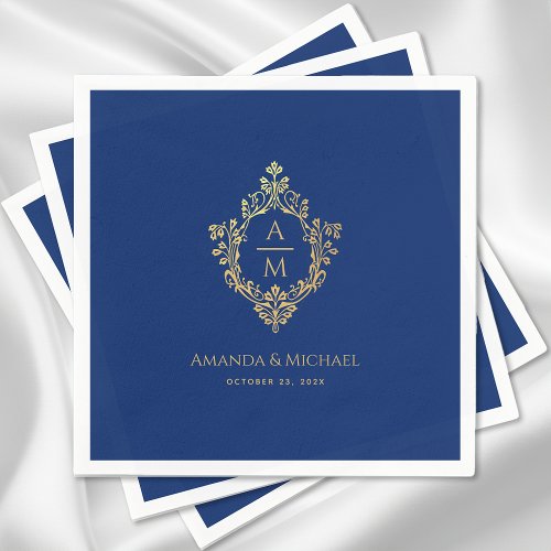 Royal Blue Monogram Crest Faux Gold Wedding Napkins