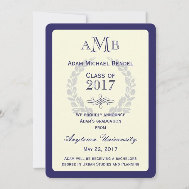 Royal Blue Monogram Graduation Announcement (Front)