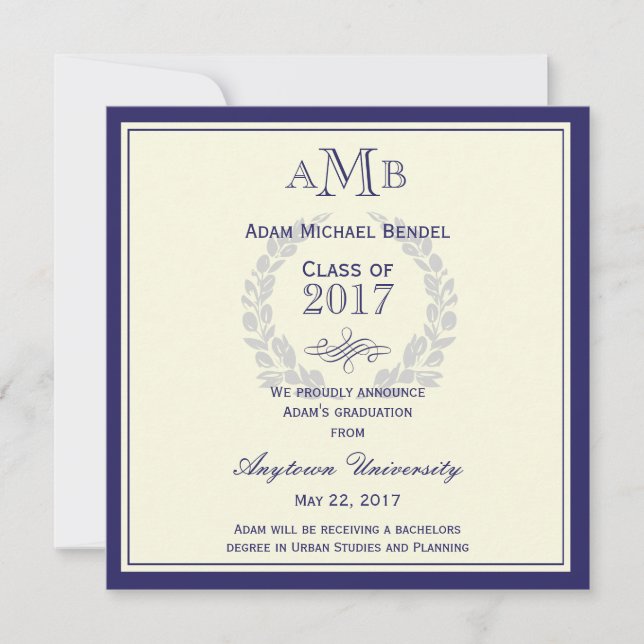 Royal Blue Monogram Graduation Announcement (Front)
