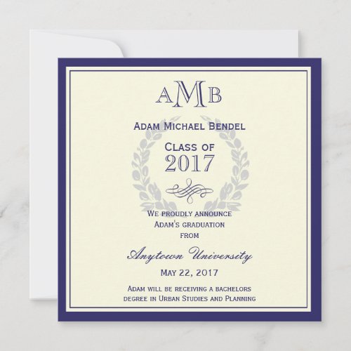 Royal Blue Monogram Graduation Announcement