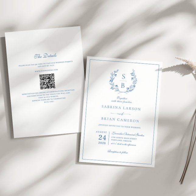 Royal Blue Monogram Wreath QR Code Wedding Invitation (Creator Uploaded)